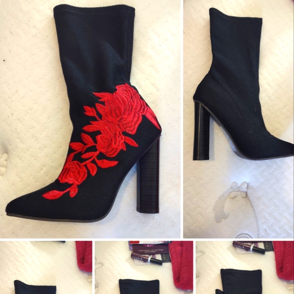Black pull on heeled boots with red rose embroidery. Pointed toe